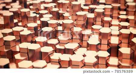 Hexagonal copper rods background. Copper profile manufacturing and production. Hexagonal copper rods background. Copper profile manufacturing and production. 78576389