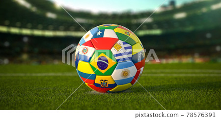 Soccer Football ball with flags of south america countries on the grass of football stadium. America championship 2021. Soccer Football ball with flags of south america countries on the grass of football stadium. America championship 2021. 78576391
