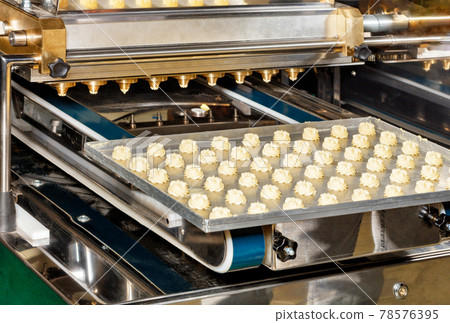 Fragment of a conveyor line used in the food industry for the preparation of cream biscuits. 78576395