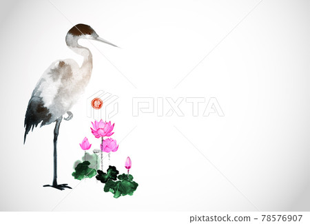 Heron and pink lotus flowers on white background. Traditional oriental ink painting sumi-e, u-sin, go-hua. Translation of hieroglyph - silence Heron and pink lotus flowers on white background. Traditional oriental ink painting sumi-e, u-sin, go-hua. Translation of hieroglyph - silence 78576907