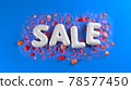 sale bright white glossy letters on a blue abstract background with spheres around. 3d illustration 78577450