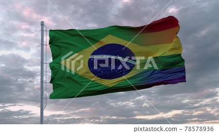 Waving flag of Brazil state and LGBT rainbow flag background. 3d rendering Waving flag of Brazil state and LGBT rainbow flag background. 3d rendering 78578936