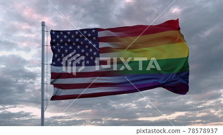 Waving flag of USA state and LGBT rainbow flag background. 3d rendering Waving flag of USA state and LGBT rainbow flag background. 3d rendering 78578937
