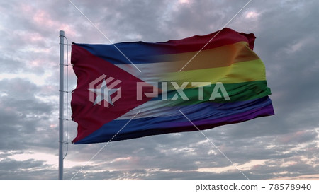 Waving flag of Cuba state and LGBT rainbow flag background. 3d rendering Waving flag of Cuba state and LGBT rainbow flag background. 3d rendering 78578940