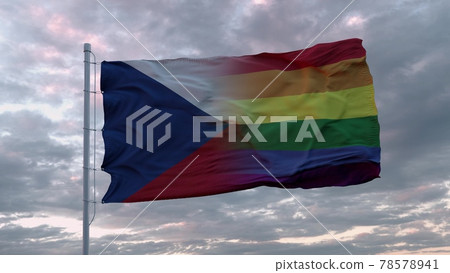 Waving flag of Czech Republic state and LGBT rainbow flag background. 3d rendering Waving flag of Czech Republic state and LGBT rainbow flag background. 3d rendering 78578941