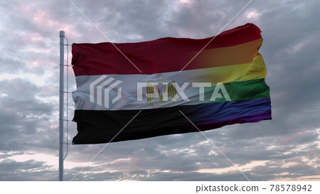 Waving flag of Egypt state and LGBT rainbow flag background. 3d rendering Waving flag of Egypt state and LGBT rainbow flag background. 3d rendering 78578942