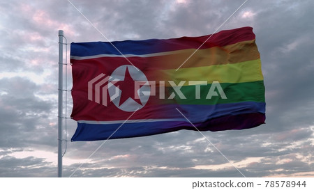 Waving flag of North Korea state and LGBT rainbow flag background. 3d rendering Waving flag of North Korea state and LGBT rainbow flag background. 3d rendering 78578944