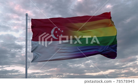 Waving flag of Singapore state and LGBT rainbow flag background. 3d rendering 78578945