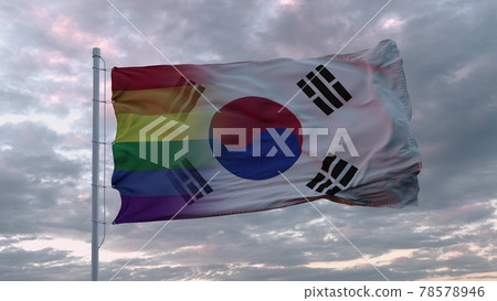 Waving flag of South Korea state and LGBT rainbow flag background. 3d rendering Waving flag of South Korea state and LGBT rainbow flag background. 3d rendering 78578946