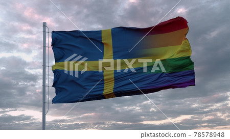 Waving flag of Sweden and LGBT rainbow flag background. 3d rendering Waving flag of Sweden and LGBT rainbow flag background. 3d rendering 78578948