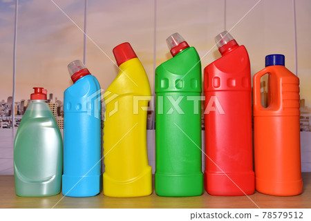 Detergent bottles at kitchen in home. Detergents and laundry concept. Household for cleaning 78579512