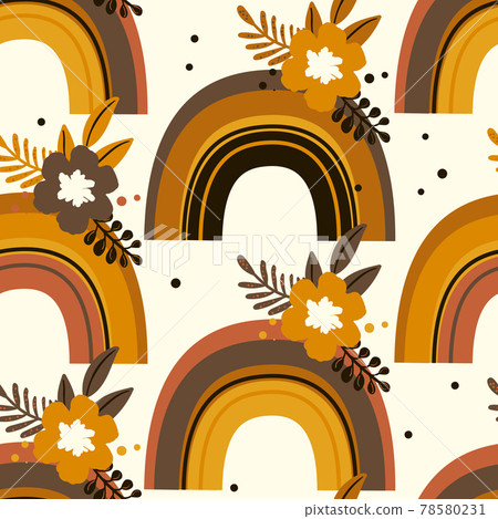 Trendy seamless pattern with colorful rainbow, flowers on color background. Design for invitation, poster, card, fabric, textile, fabric. Cute holiday illustration for baby. Scandinavian doodle style Trendy seamless pattern with colorful rainbow, flowers on color background. Design for invitation, poster, card, fabric, textile, fabric. Cute holiday illustration for baby. Scandinavian doodle style 78580231