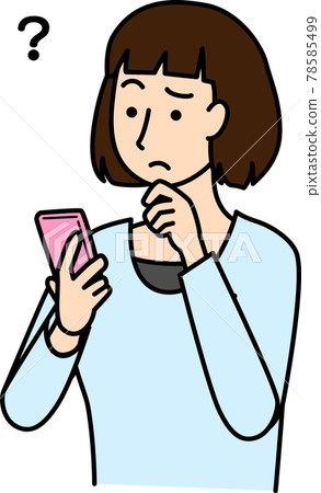 Illustration of a woman thinking while looking at the screen of a smartphone 78585499