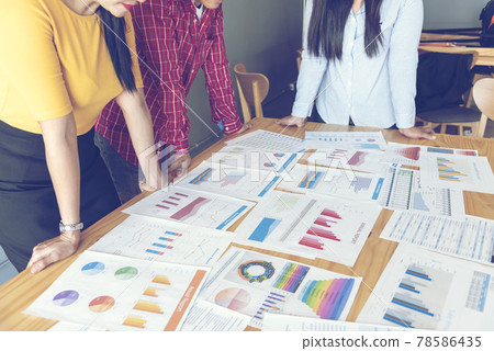 Business strategy team report chart, graph, infographic data analyze financial report plan. Hands team partner planning marketing finance statistics sale report with excel spreadsheet accountting 78586435