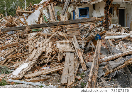 Rubble of old ruined house. Pile of construction fragments Rubble of old ruined house. Pile of construction fragments 78587376