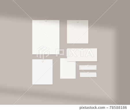 Mood board mockup template. Empty sheets of white paper on the wall with shadow overlay. Mockup vector isolated. Template design. Realistic vector illustration. Mood board mockup template. Empty sheets of white paper on the wall with shadow overlay. Mockup vector isolated. Template design. Realistic vector illustration. 78588186