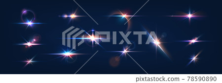Flash. Realistic flares. Glowing effects. Photography camera light or sunlight reflection from lens. Stars in space. Isolated glints set. Sparkle glares. Vector shimmering elements 78590890