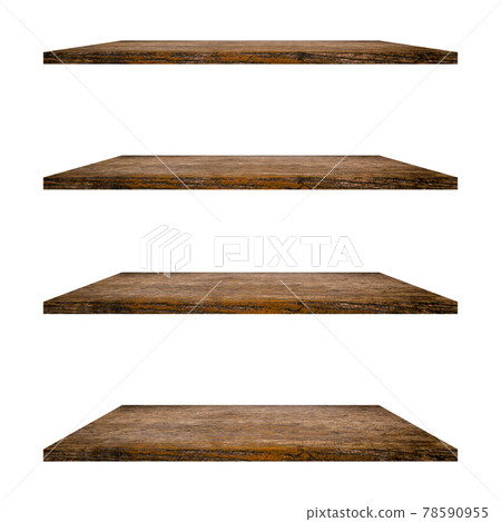 4 Wood shelves table isolated on white background and display montage for product. 78590955