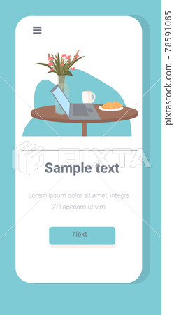 laptop flowers coffee cup and croissant on table work from home self-isolation concept laptop flowers coffee cup and croissant on table work from home self-isolation concept 78591085