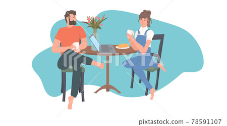 couple drinking coffee man woman discussing during lunch spending time together coronavirus quarantine couple drinking coffee man woman discussing during lunch spending time together coronavirus quarantine 78591107