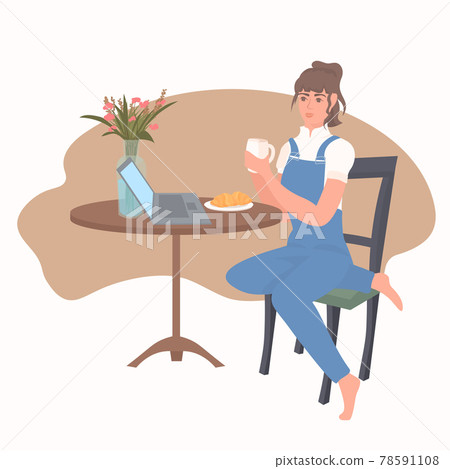 woman freelancer sitting at workplace drinking coffee using laptop coronavirus pandemic quarantine woman freelancer sitting at workplace drinking coffee using laptop coronavirus pandemic quarantine 78591108