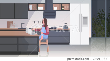 woman freelancer sitting at counter working on laptop stay home coronavirus pandemic quarantine 78591165