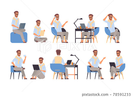 set businessman sitting in different poses gesture emotions and body language concept 78591233