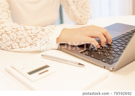 Personal computer, laptop, keyboard, typing, telework, remote work, home work, female 78592692