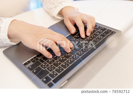 Personal computer, laptop, keyboard, typing, telework, remote work, home work, female Personal computer, laptop, keyboard, typing, telework, remote work, home work, female 78592712