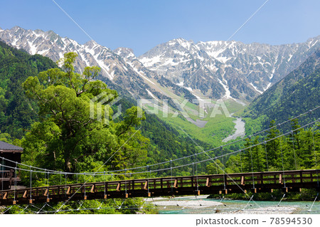 Hotaka mountain range with residual snow from the fresh green Kappa Bridge Hotaka mountain range with residual snow from the fresh green Kappa Bridge 78594530