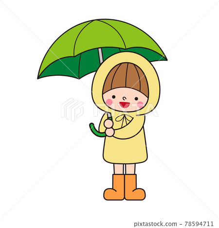 一個穿著雨衣的孩子拿著雨傘 一個穿著雨衣的孩子拿著雨傘 78594711