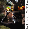 travel photography, african black woman portrait in ethnic dress rear view with fruit dish on her head on tropical background closeup. Selective focus 78595154