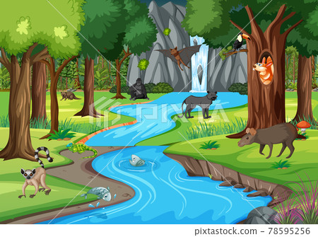 Nature scene with stream flowing through the forest with wild animals 78595256