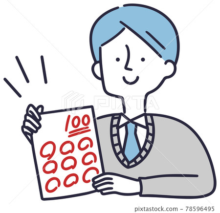 測試:一個微笑的男學生得到 100 分滿分的簡單插圖。 測試:一個微笑的男學生得到 100 分滿分的簡單插圖。 78596495