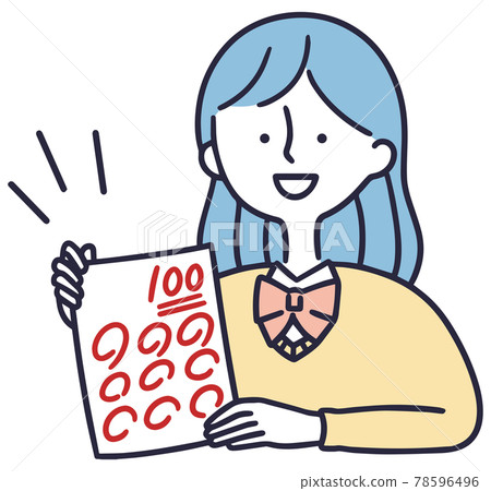測試：一個微笑的女學生獲得滿分 100 分的簡單插圖。 78596496