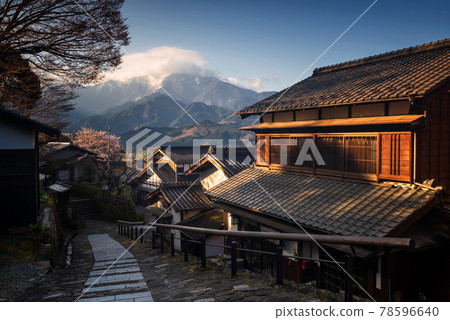 Magome juku town on hill at sunrise, kiso valley Magome juku town on hill at sunrise, kiso valley 78596640