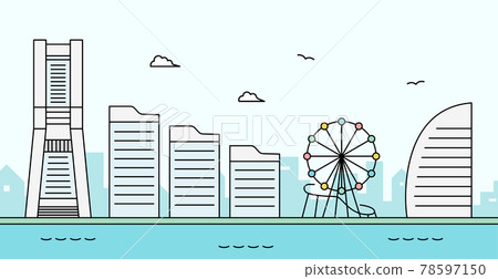Illustration of the scenery of Yokohama Minatomirai Background Cityscape Kanagawa Simple Port Sea Landmark Tower Ferris wheel 78597150