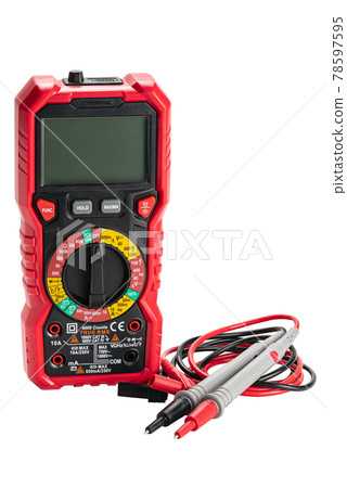 Upright view of red portable digital multimeters or multitester with test leads and probes isolated on white background. Upright view of red portable digital multimeters or multitester with test leads and probes isolated on white background. 78597595