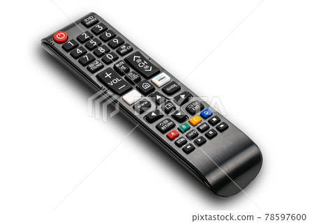 High angle view of remote control for television on white background. 78597600