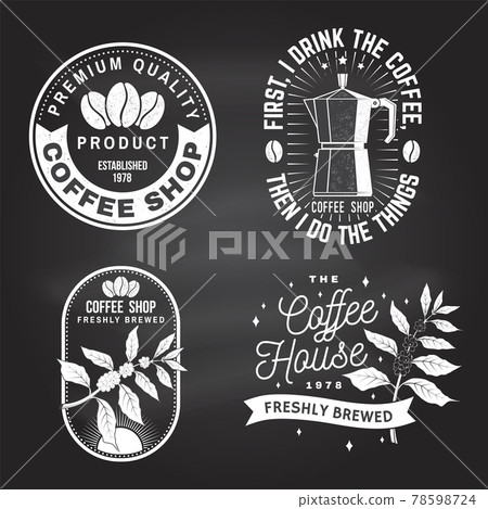 Set of Coffe shop logo, badge template on the chalkboard. Vector. Typography design with coffee maker and branch of coffee tree silhouette. Template for menu for restaurant, cafe 78598724