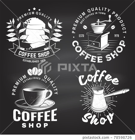 Set of Coffe shop logo, badge template on the chalkboard. Vector. Typography design with coffee grinder and coffee maker silhouette. Template for menu for restaurant, cafe, bar, packaging 78598726
