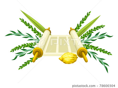 Happy Sukkot greeting card. Holiday background with Jewish festival traditional symbols. 78600304