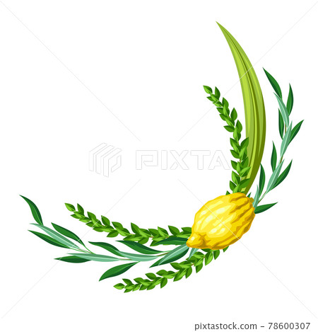 Happy Sukkot decorative frame. Holiday background with Jewish festival traditional symbols. 78600307