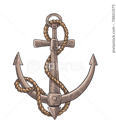 Anchor and rope sketch engraving vector illustration. Hand drawn print design image. Nautical symbol in vintage style. Retro drawing 78601075