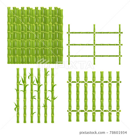 Set green bamboo fence with rope, picket from sticks, nature wall in cartoon style isolated on white background. Natural barrier from sticks, planks. Rustic outdoor protection. Asian, tribal. Set green bamboo fence with rope, picket from sticks, nature wall in cartoon style isolated on white background. Natural barrier from sticks, planks. Rustic outdoor protection. Asian, tribal. 78601934