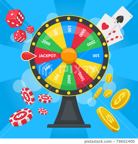 Fortune wheel concept. Casino lucky wheel game, gambling fortune wheel with dice, cards, and chips vector background illustration. Lottery spinning wheel poster 78602400