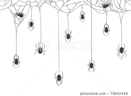 Halloween spiders background. Black spiders on spooky halloween hanging cobweb vector background illustration. Spooky halloween spider web backdrop Halloween spiders background. Black spiders on spooky halloween hanging cobweb vector background illustration. Spooky halloween spider web backdrop 78602448