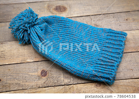 Handmade wool knitted winter blue and grey hat 78604538