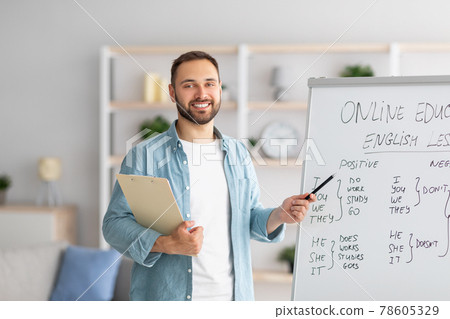 Cheerful young male teacher pointing at blackboard, explaining grammar, giving online English lesson from home office Cheerful young male teacher pointing at blackboard, explaining grammar, giving online English lesson from home office 78605329