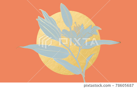 Luxurious lily flower in art deco style light blue silhouette with gold outline and gold foil circle on coral red background 78605687